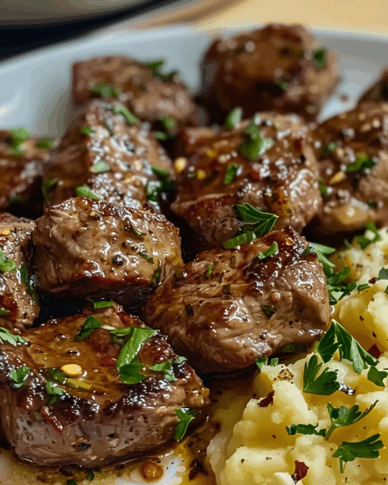 Garlic Butter Beef Bites with Creamy Mashed Potatoes