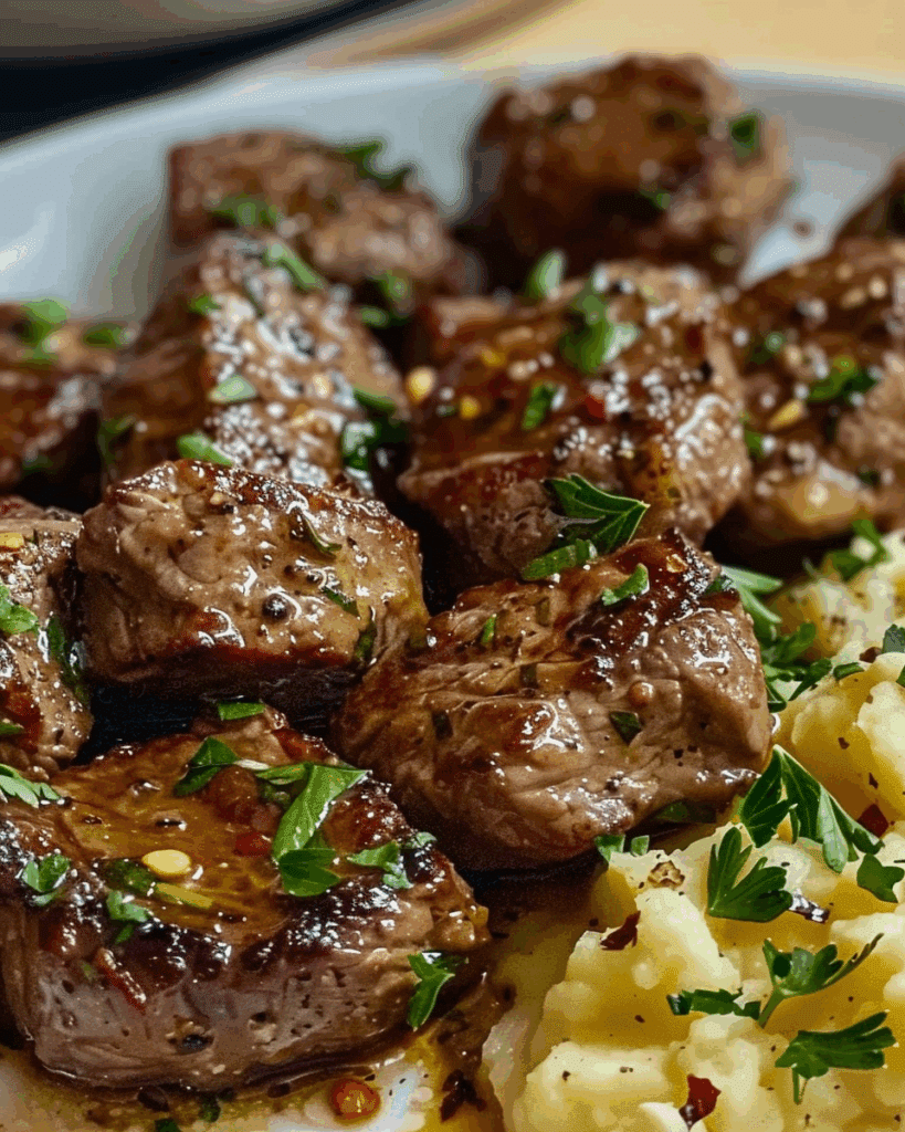 Garlic Butter Beef Bites with Creamy Mashed Potatoes