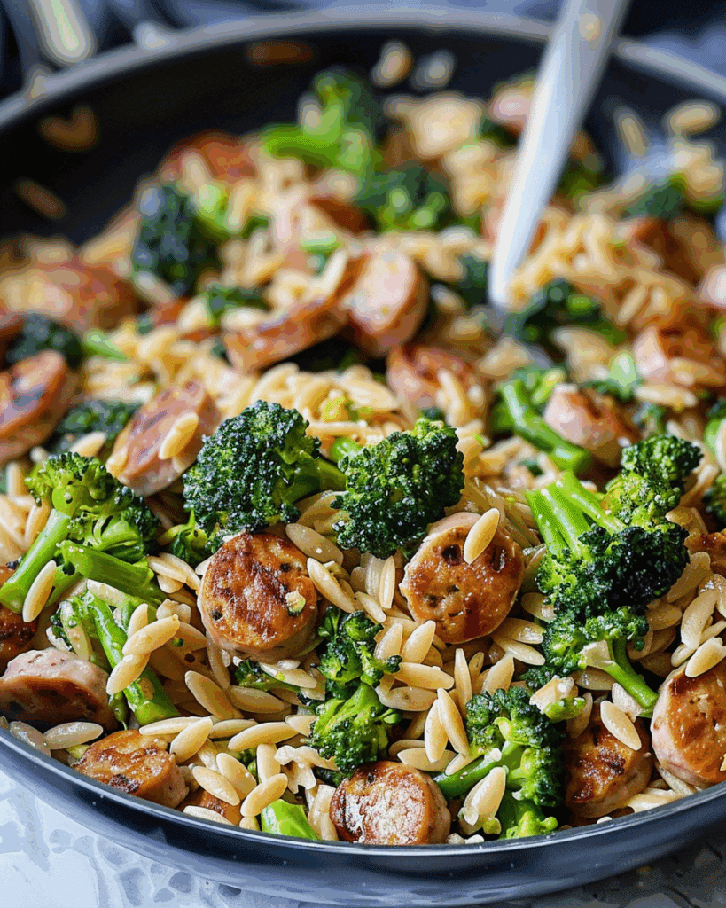 Chicken Sausage, Broccoli, and Orzo Skillet