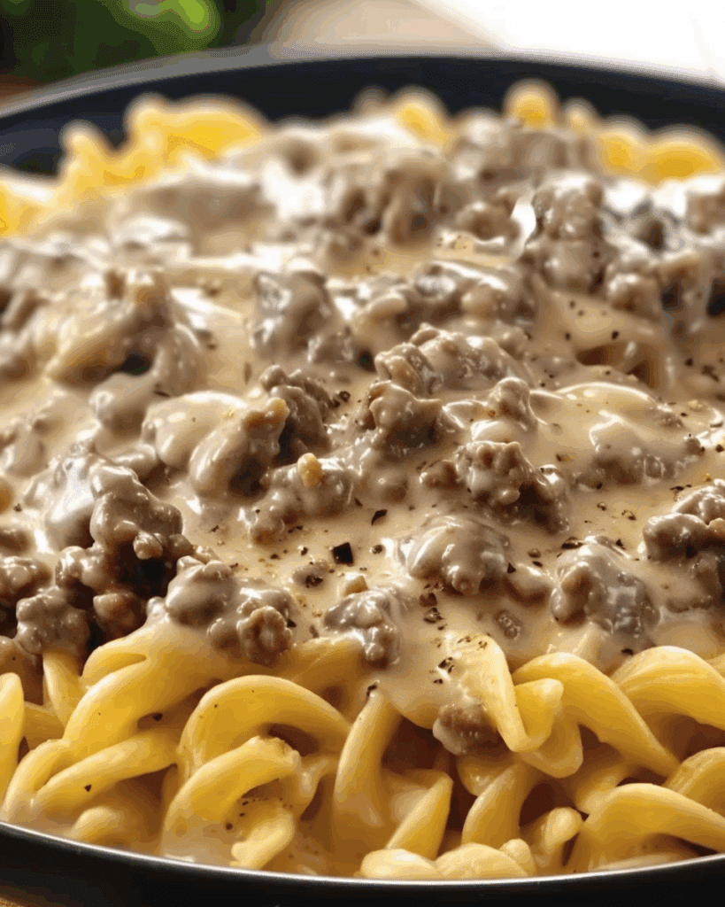Chesy Ground Beef Stroganoff Pasta Casserole