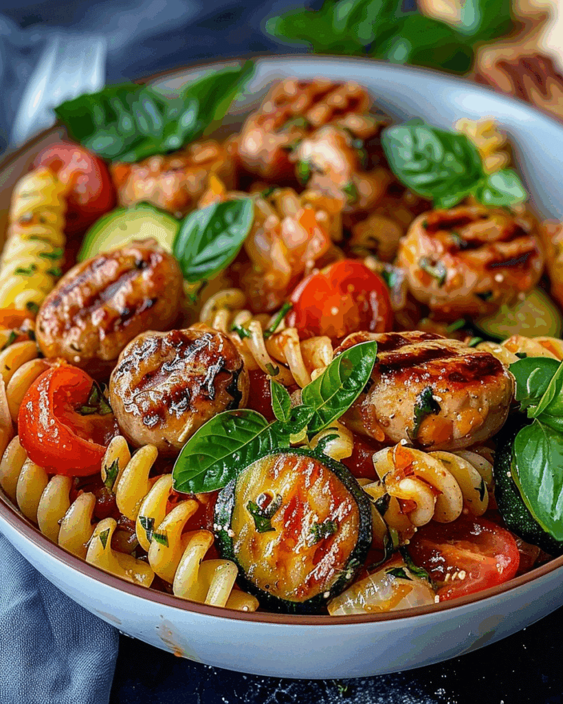 Chicken Sausages with Zucchini, Tomatoes & Pasta