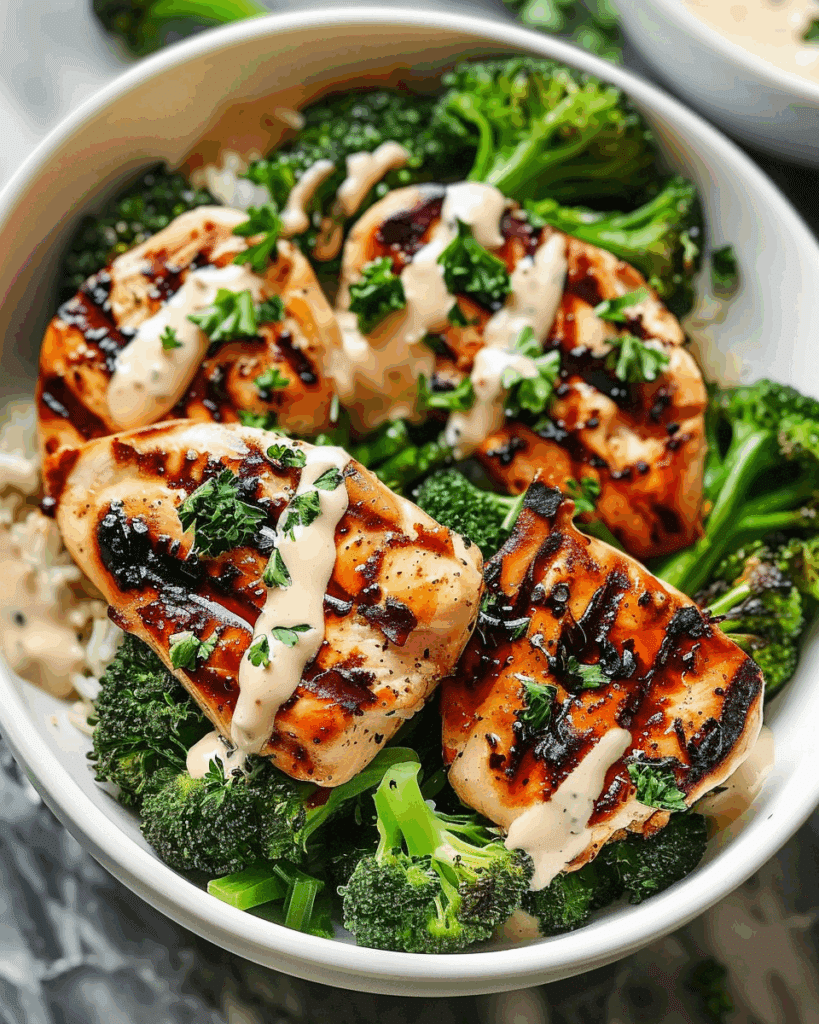 Grilled Chicken & Broccoli Bowls with Creamy Garlic Sauce