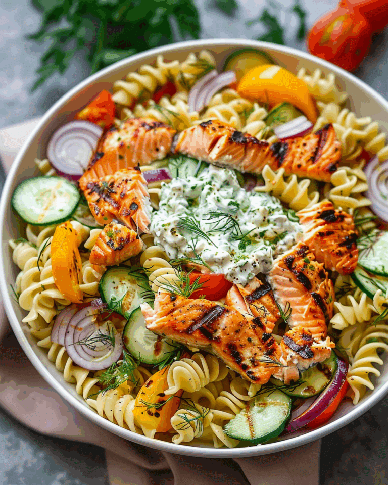 Grilled Salmon Tzatziki Pasta Salad Bowl