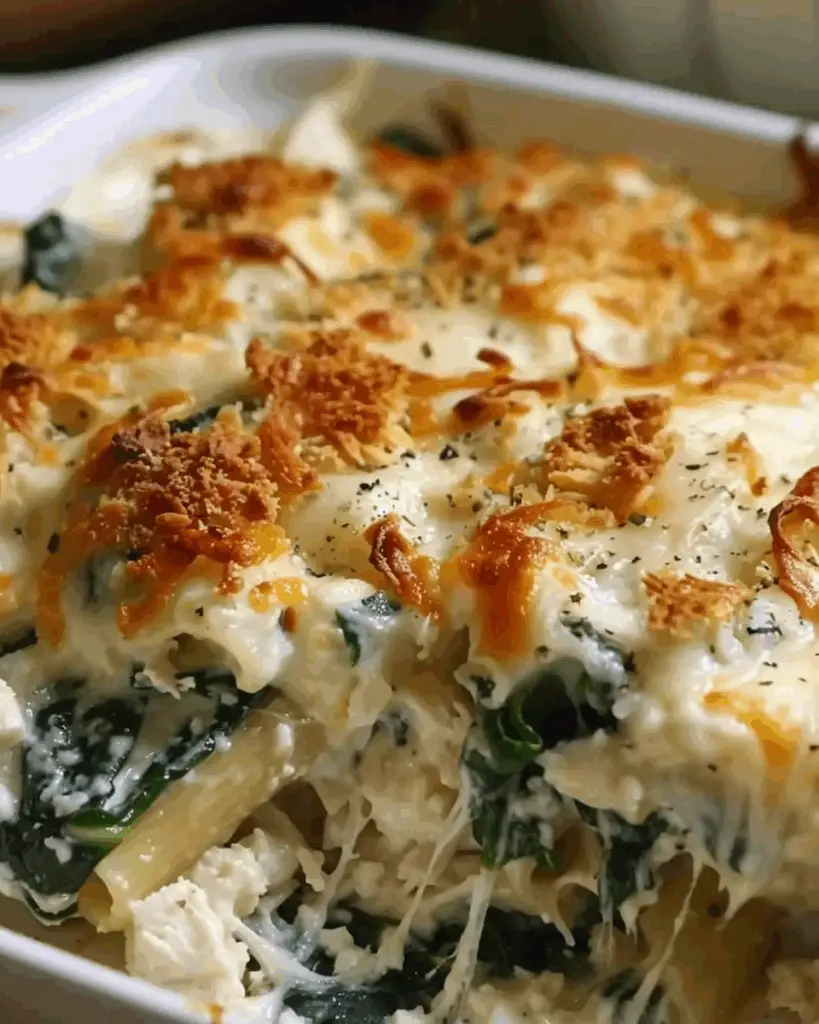 Spinach Chicken Casserole with Cream Cheese and Mozzarella