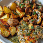 Hot Honey Garlic Chicken & Roasted Potatoes with Caramelized Shallot Mushroom Pesto Cream