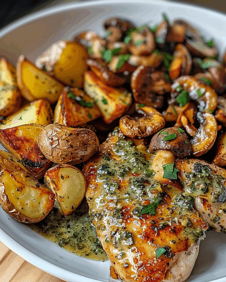 Hot Honey Garlic Chicken & Roasted Potatoes with Caramelized Shallot Mushroom Pesto Cream