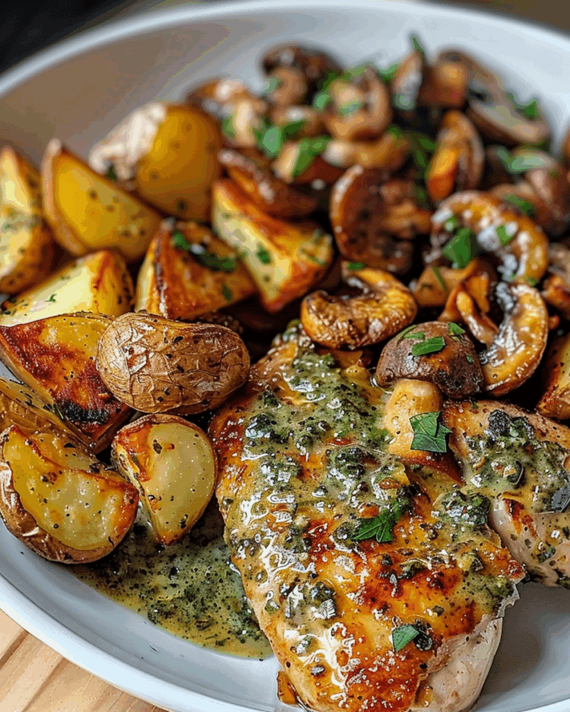 Hot Honey Garlic Chicken & Roasted Potatoes with Caramelized Shallot Mushroom Pesto Cream