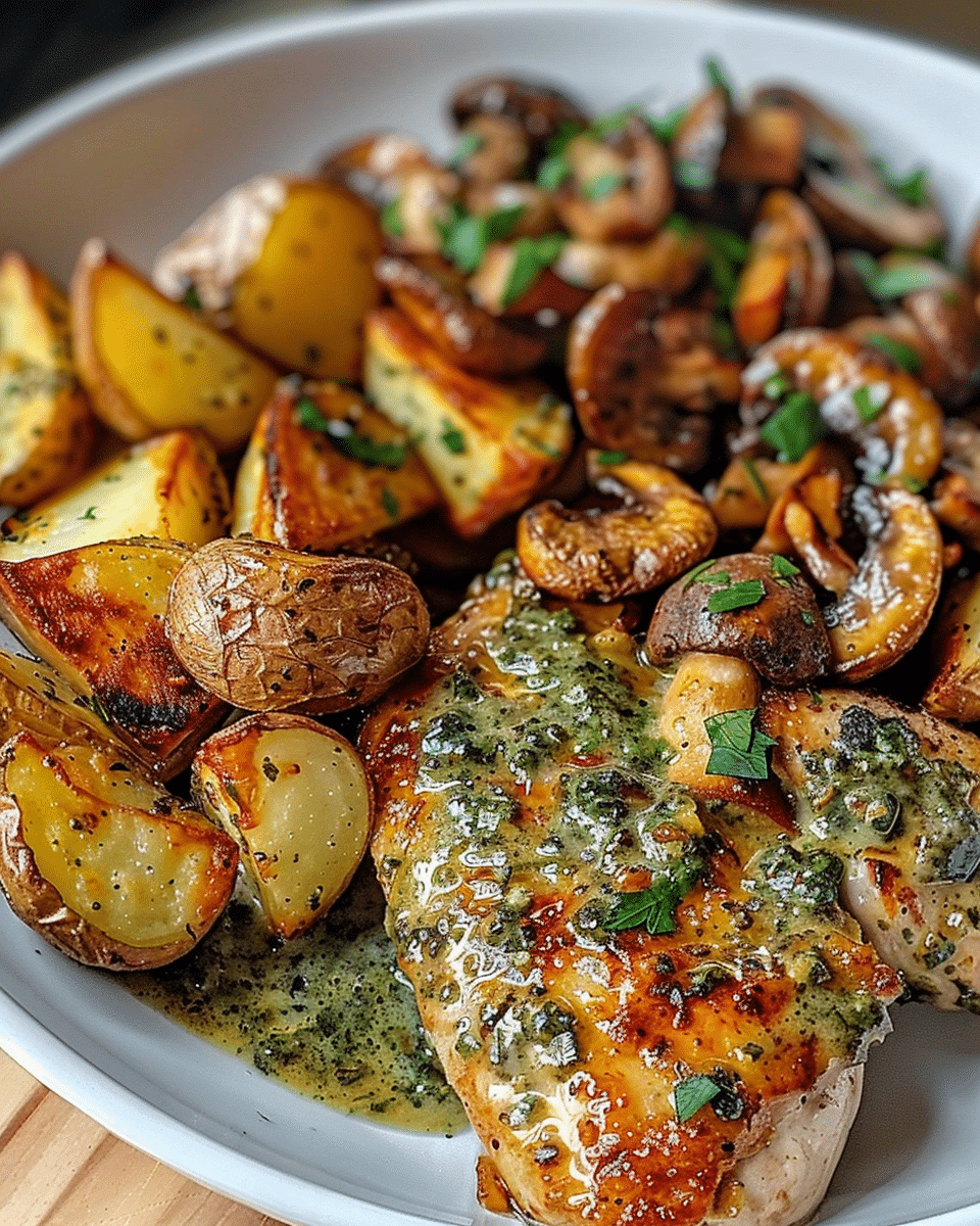 Hot Honey Garlic Chicken & Roasted Potatoes with Caramelized Shallot Mushroom Pesto Cream