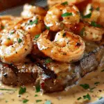 Steak Topped with Creamy Cajun Shrimp Sauce