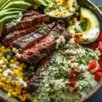 Steak, Avocado, and Roasted Corn Bowl with Cilantro Cream Sauce
