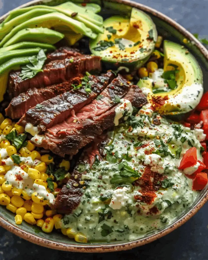 Steak, Avocado, and Roasted Corn Bowl with Cilantro Cream Sauce