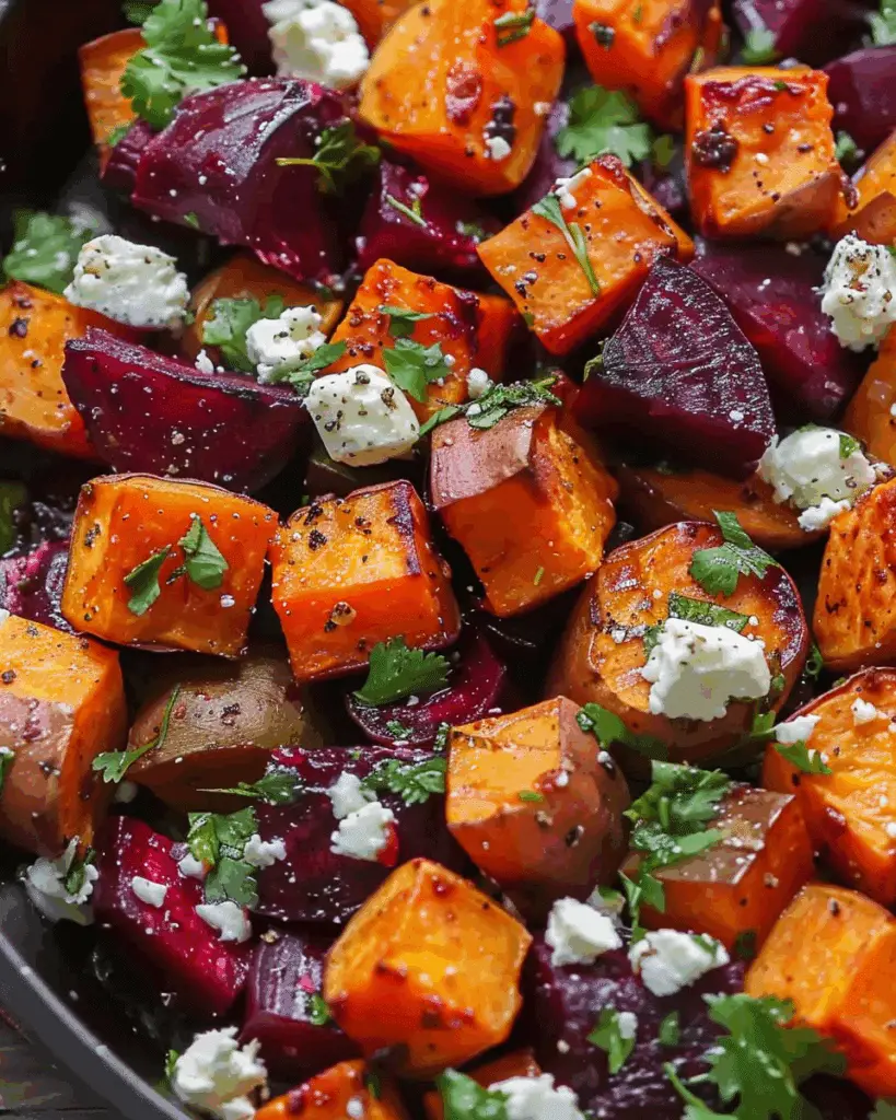 Roasted Beets and Sweet Potatoes with Feta and Cilantro