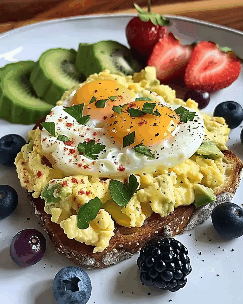Avocado Toast with Scrambled Eggs & Fresh Fruit
