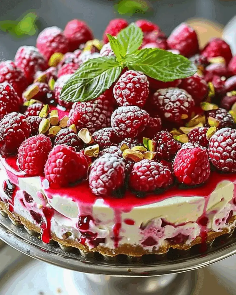 Elegant Pistachio Raspberry Crunch Cheesecake