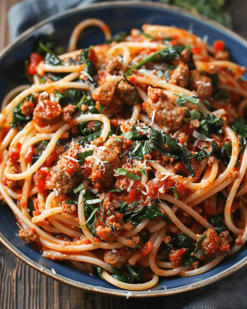 Italian Sausage Spaghetti with Spinach and Marinara in 30 Minutes!
