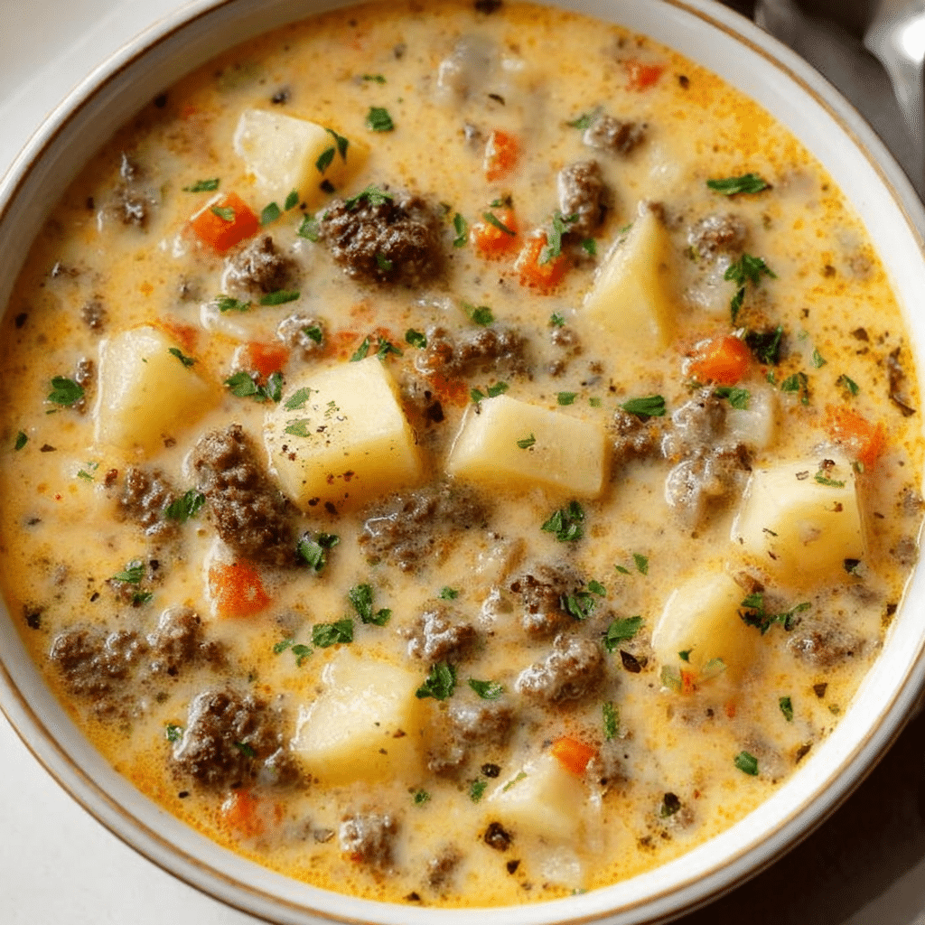 Crockpot Creamy Potato & Hamburger Soup Recipe - Recipe Image