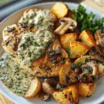 Greek Garlic Chicken with Roasted Potatoes & Creamy Mushroom Pesto