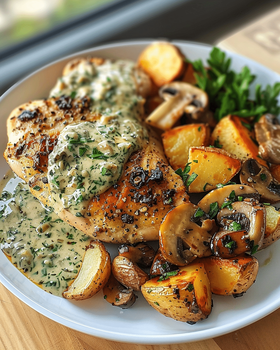 Greek Garlic Chicken with Roasted Potatoes & Creamy Mushroom Pesto