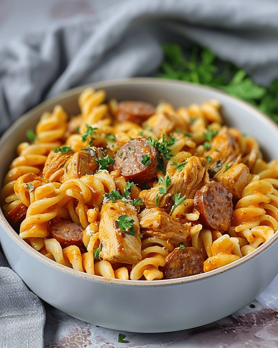 One-Pot Creamy Buffalo Cheddar Chicken & Sausage Pasta