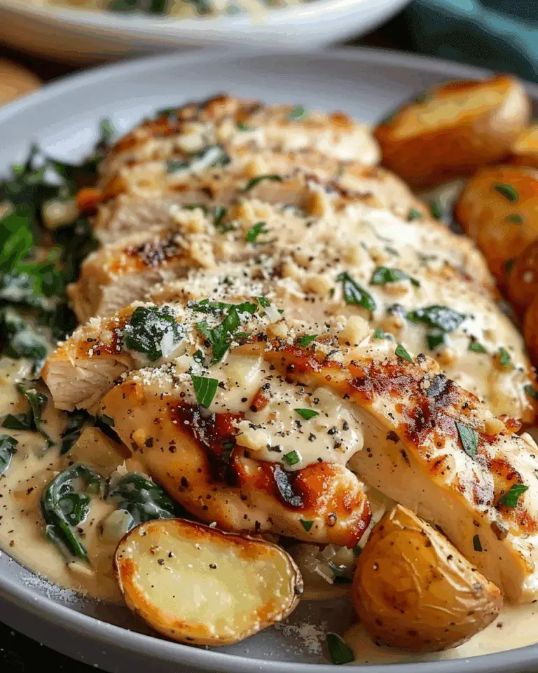 Spinach-Artichoke Garlic Chicken Alfredo with Crispy Parmesan Potatoes