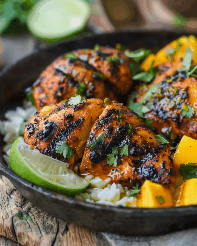 Spicy Mango Mezcal Chicken with Charred Lime Crema