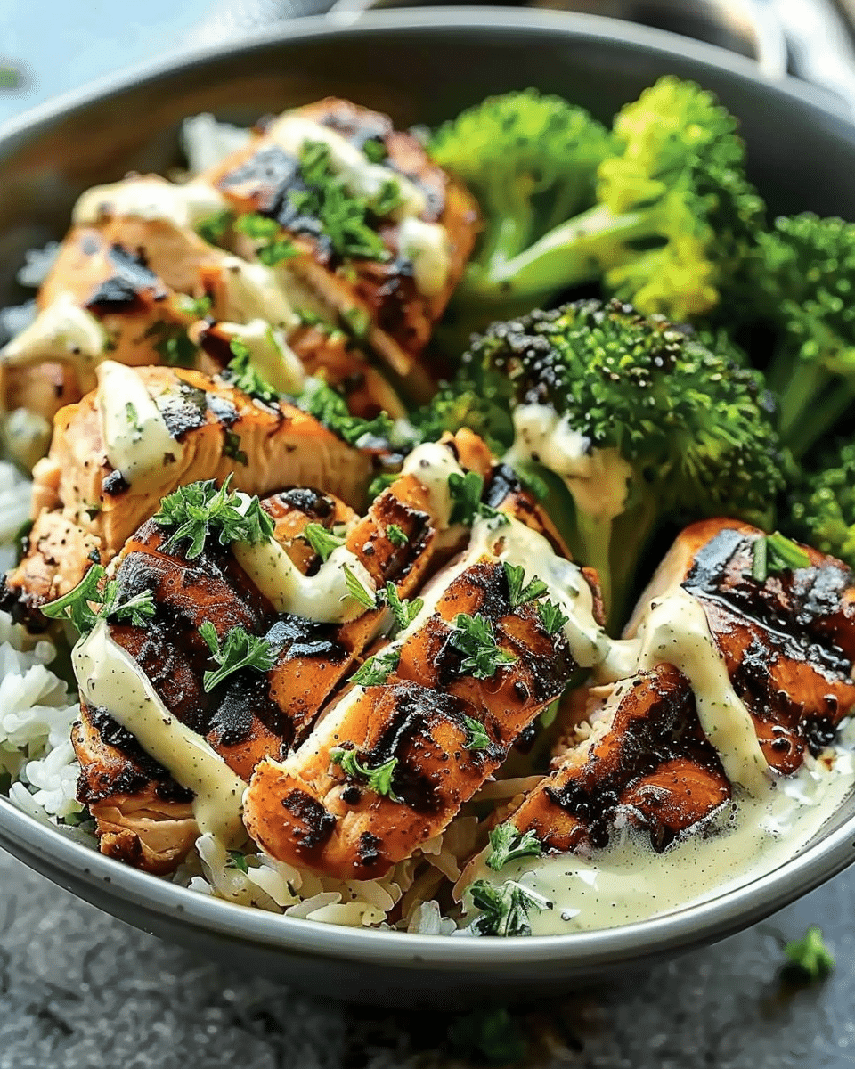 Best Grilled Chicken & Broccoli Bowls with Creamy Garlic Sauce