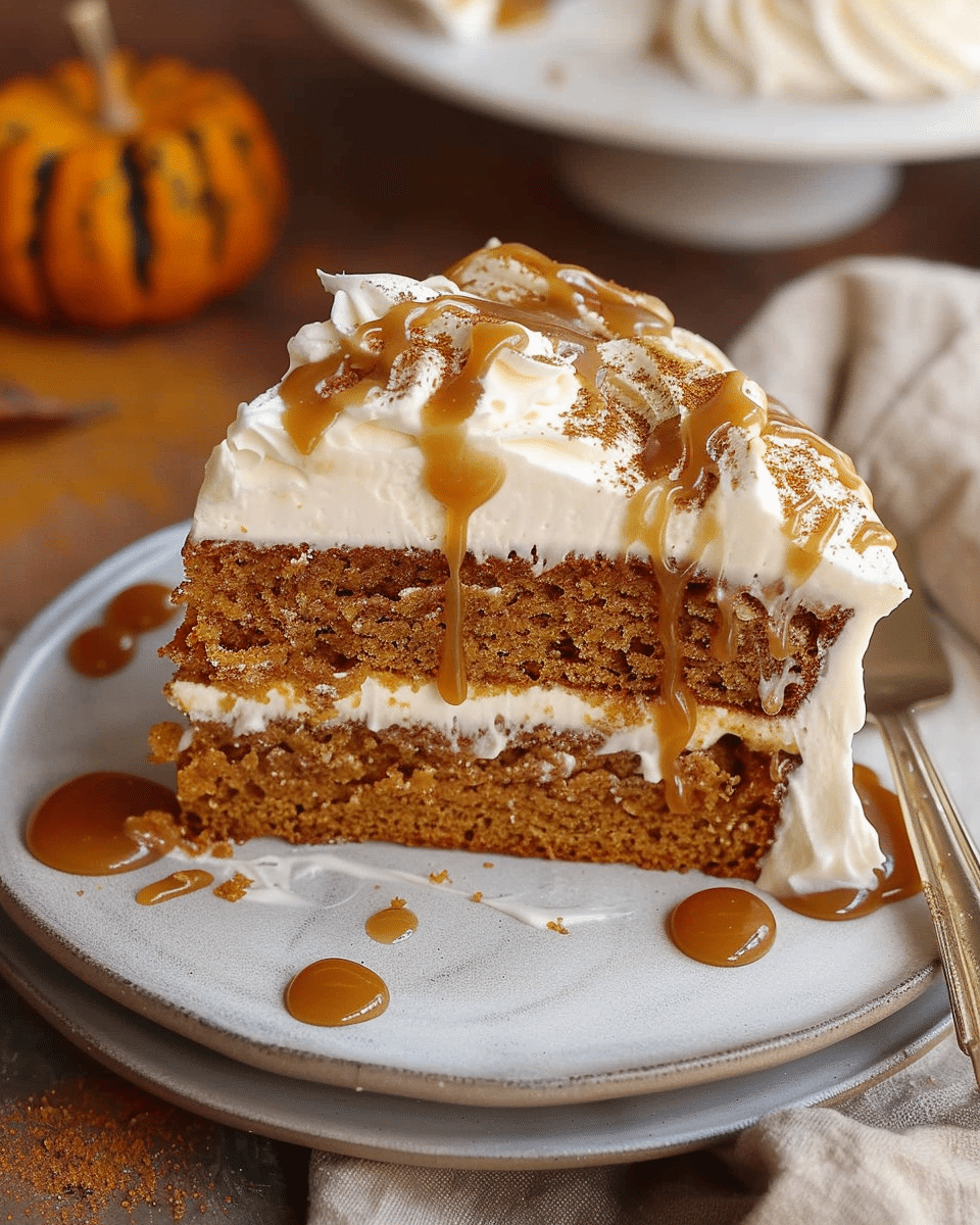 Pumpkin Cake with Whipped Cream Cheese and Maple Caramel