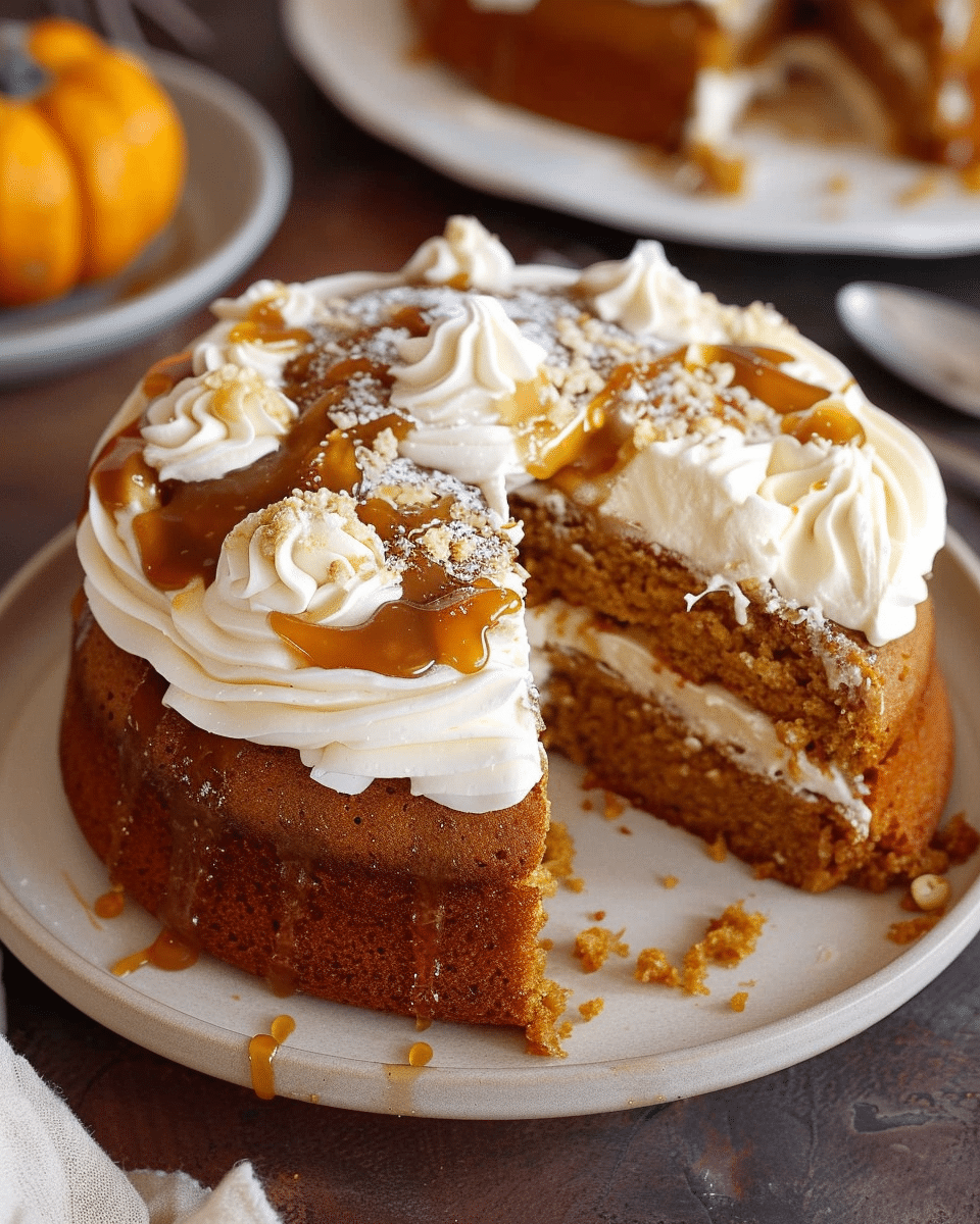 Pumpkin Cake with Whipped Cream Cheese and Maple Caramel
