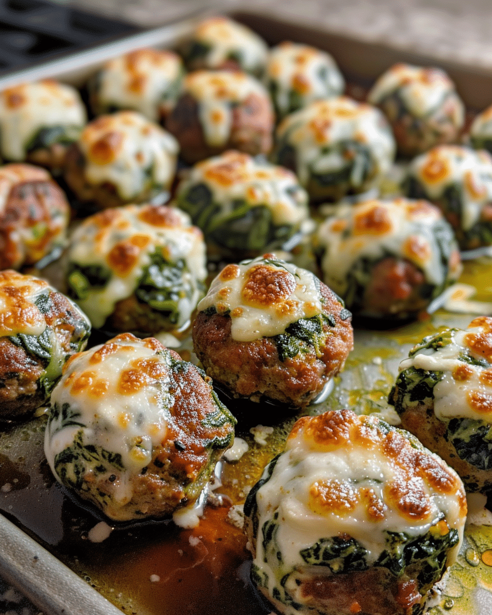 Spinach Garlic Meatballs Stuffed with Mozzarella