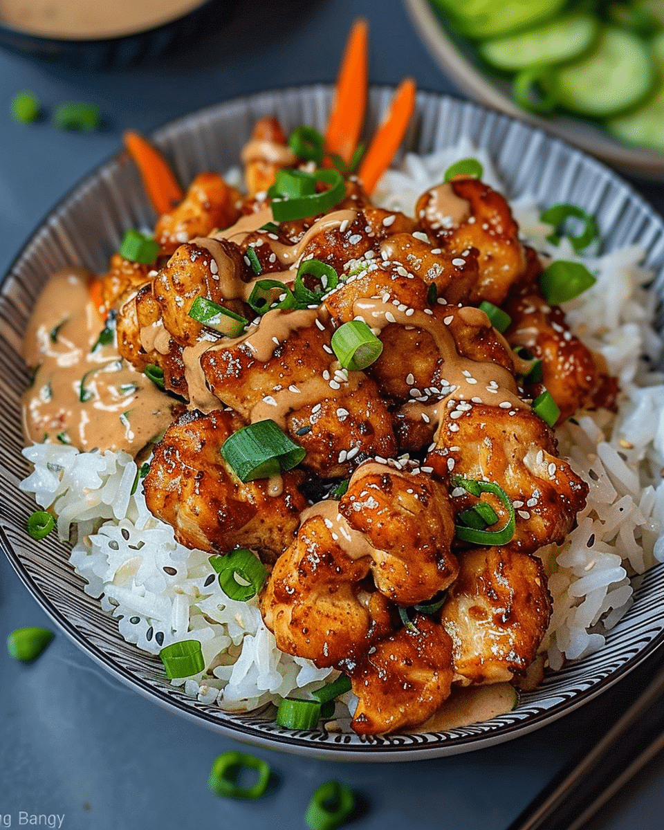 Fiery Bang Bang Chicken Rice Bowl with Crispy Chili Garlic Kick