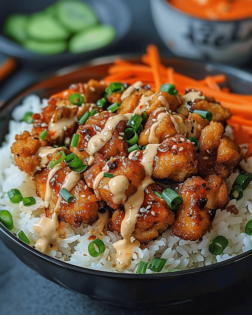 Fiery Bang Bang Chicken Rice Bowl with Crispy Chili Garlic Kick