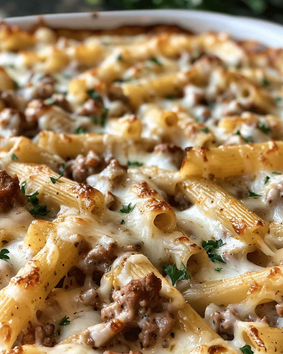 Creamy Beef Alfredo Ziti Casserole