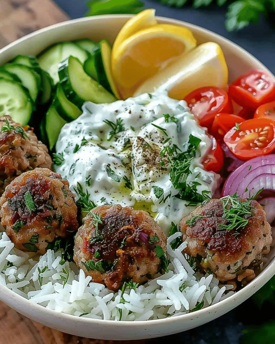 Greek Meatball Bowl with Tzatziki, Rice & Fresh Veggies