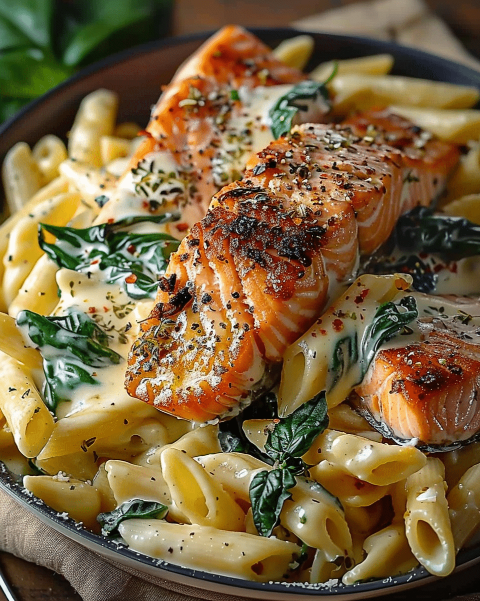 Tuscan Salmon with Creamy Garlic Alfredo Penne
