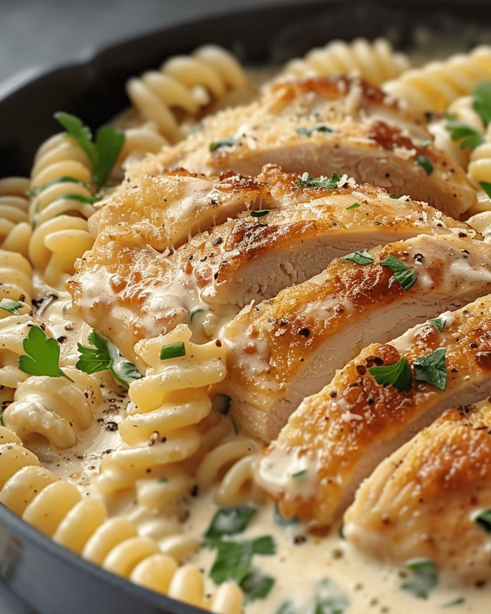 Creamy Garlic Butter Chicken and Rotini in Parmesan Sauce