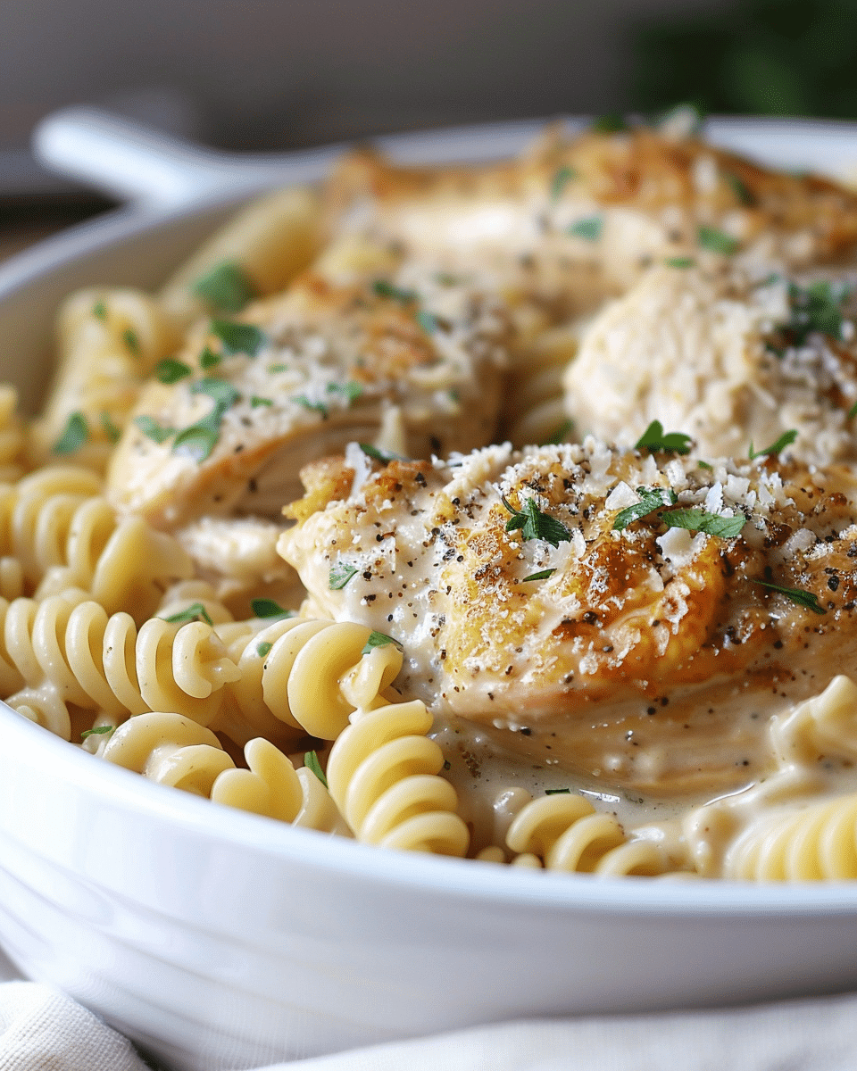 Creamy Garlic Butter Chicken and Rotini in Parmesan Sauce