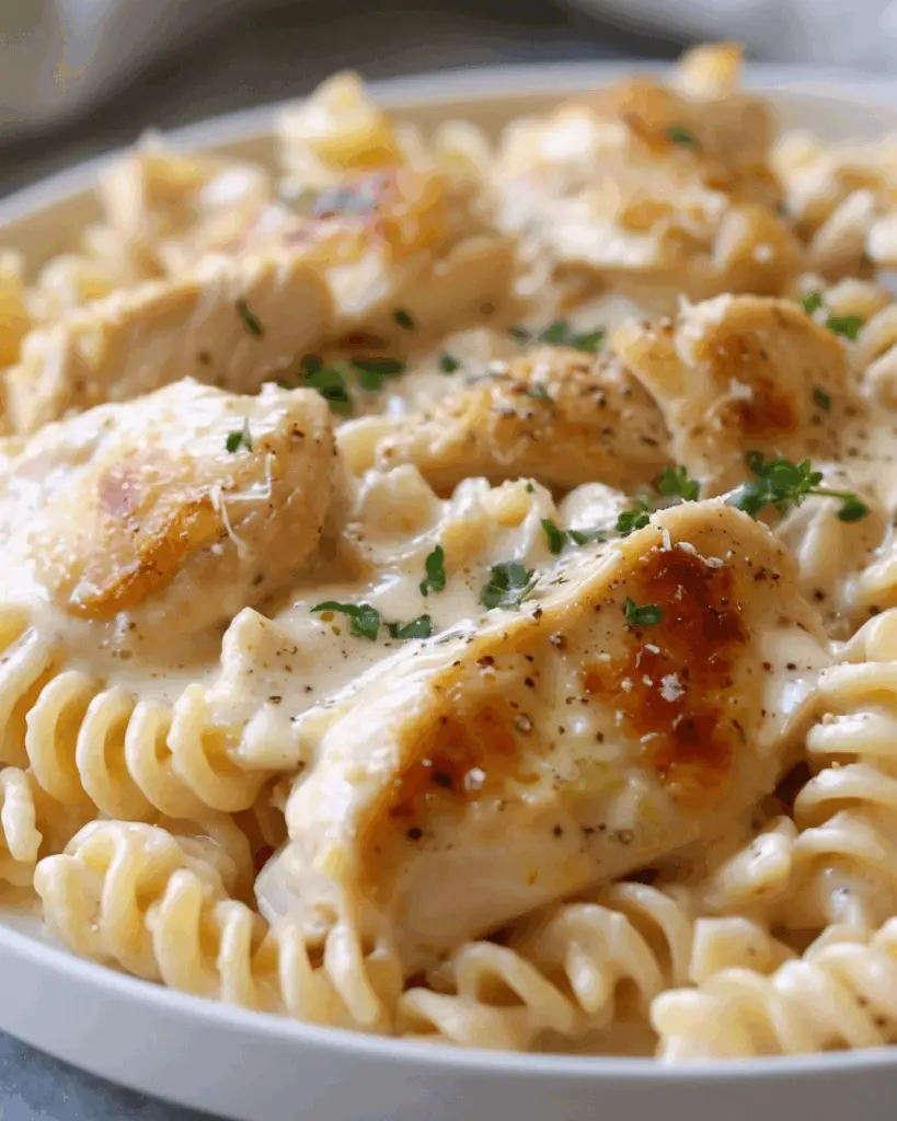 Creamy Garlic Butter Chicken and Rotini in Parmesan Sauce