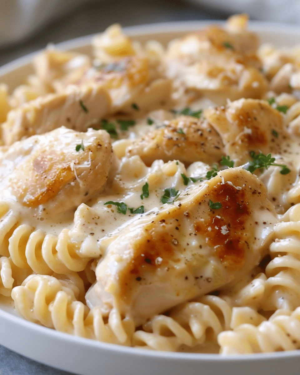 Creamy Garlic Butter Chicken and Rotini in Parmesan Sauce
