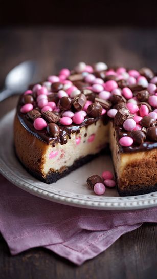 Pink M&M Snickers Cheesecake