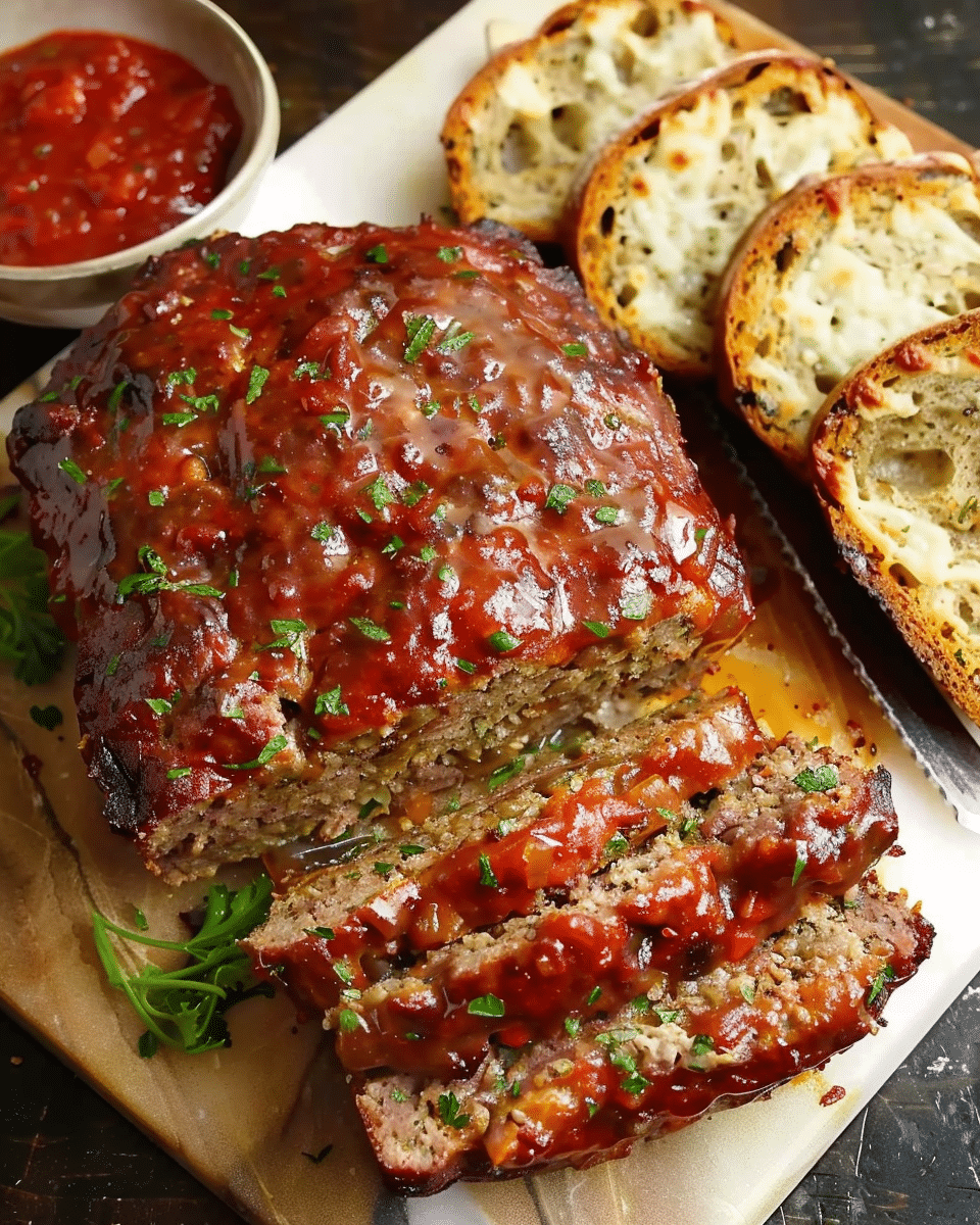 Classic Glazed Meatloaf with Cheesy Garlic Bread
