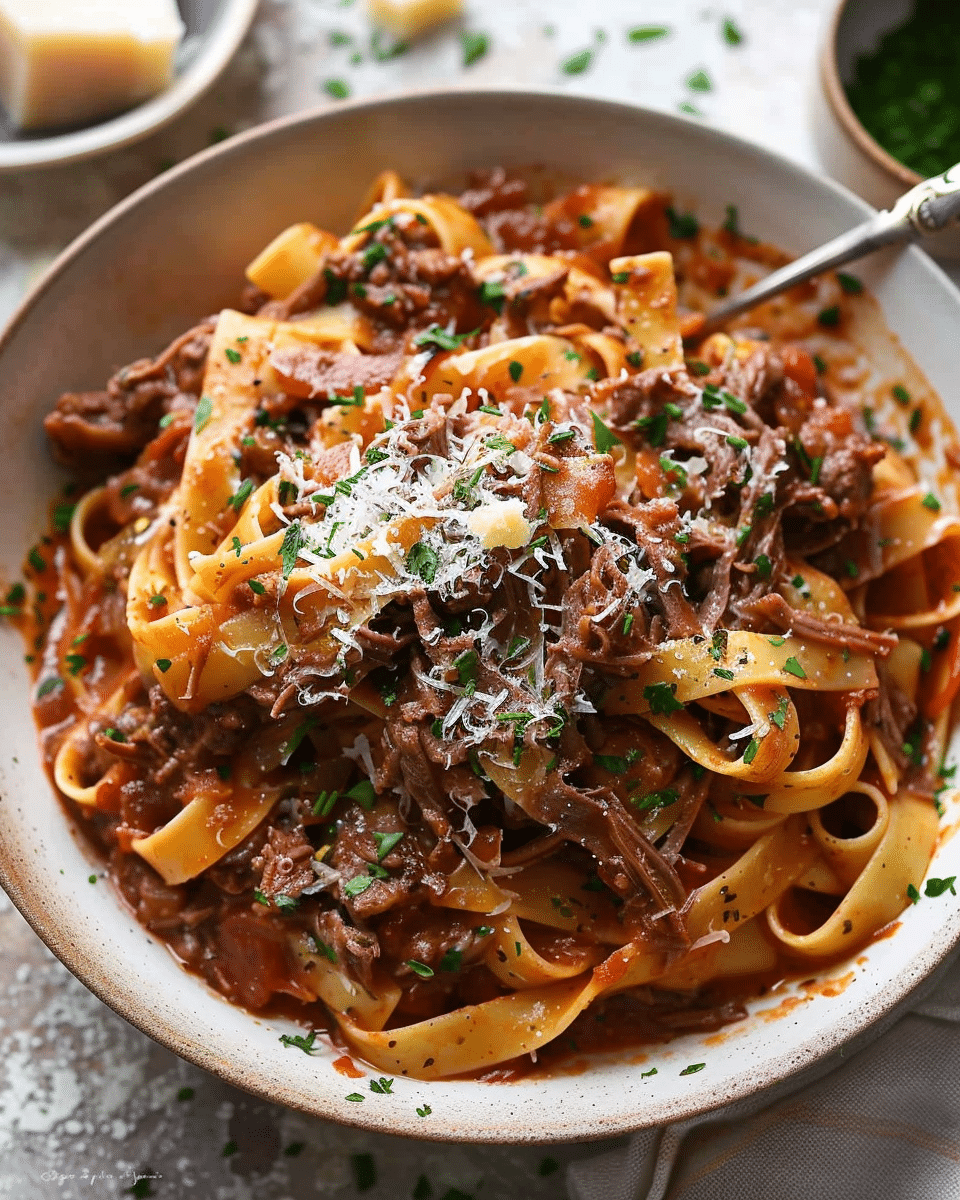 Slow Cooked Shredded Beef Ragu Pasta