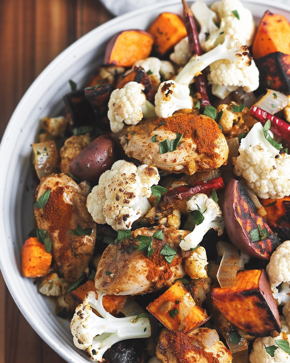 Sheet Pan Moroccan Chicken with Sweet Potatoes & Cauliflower