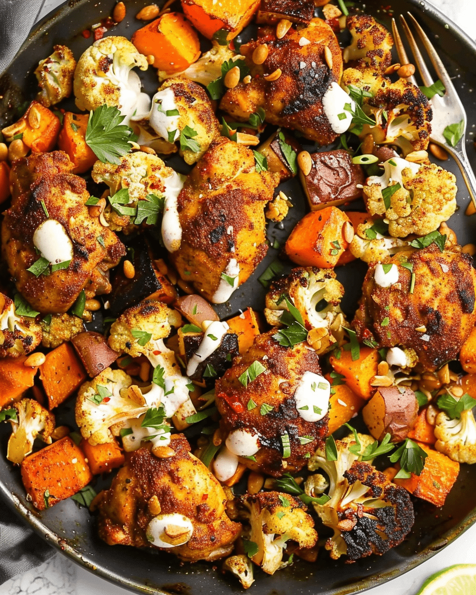 Sheet Pan Moroccan Chicken with Sweet Potatoes & Cauliflower