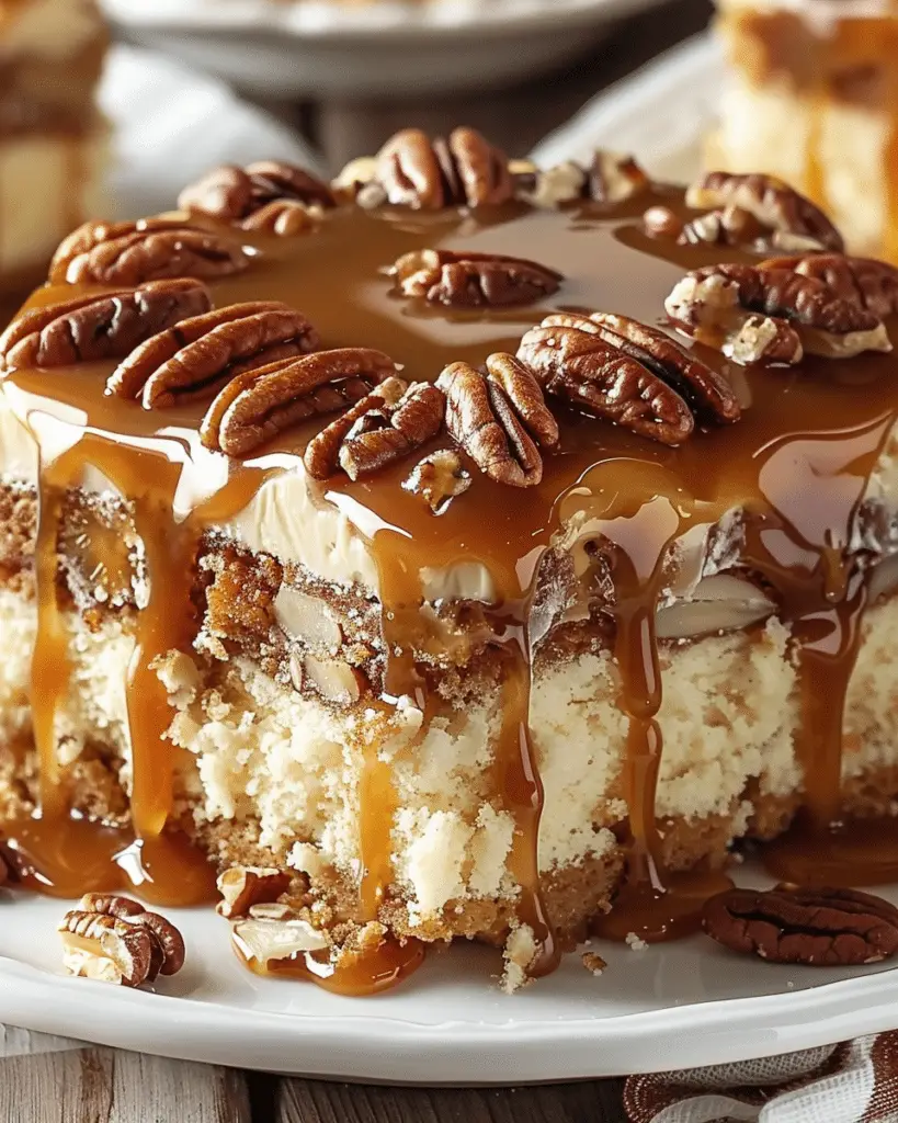 Caramel Butter Pecan Praline Poke Cake