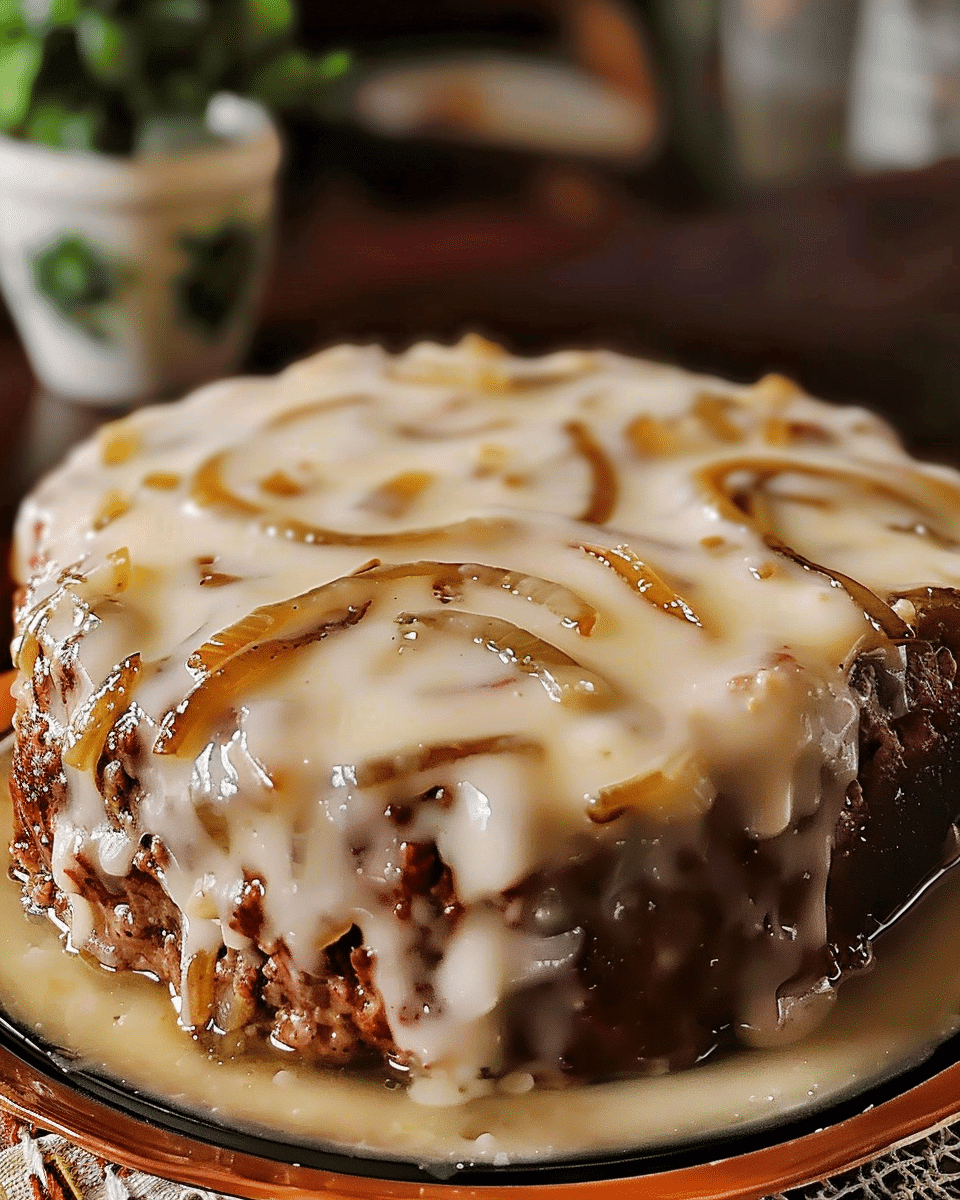 Crockpot French Onion Meatloaf With Melted Swiss Cheese