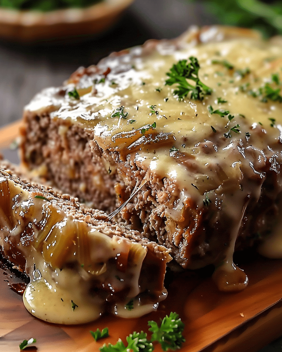 Crockpot French Onion Meatloaf With Melted Swiss Cheese