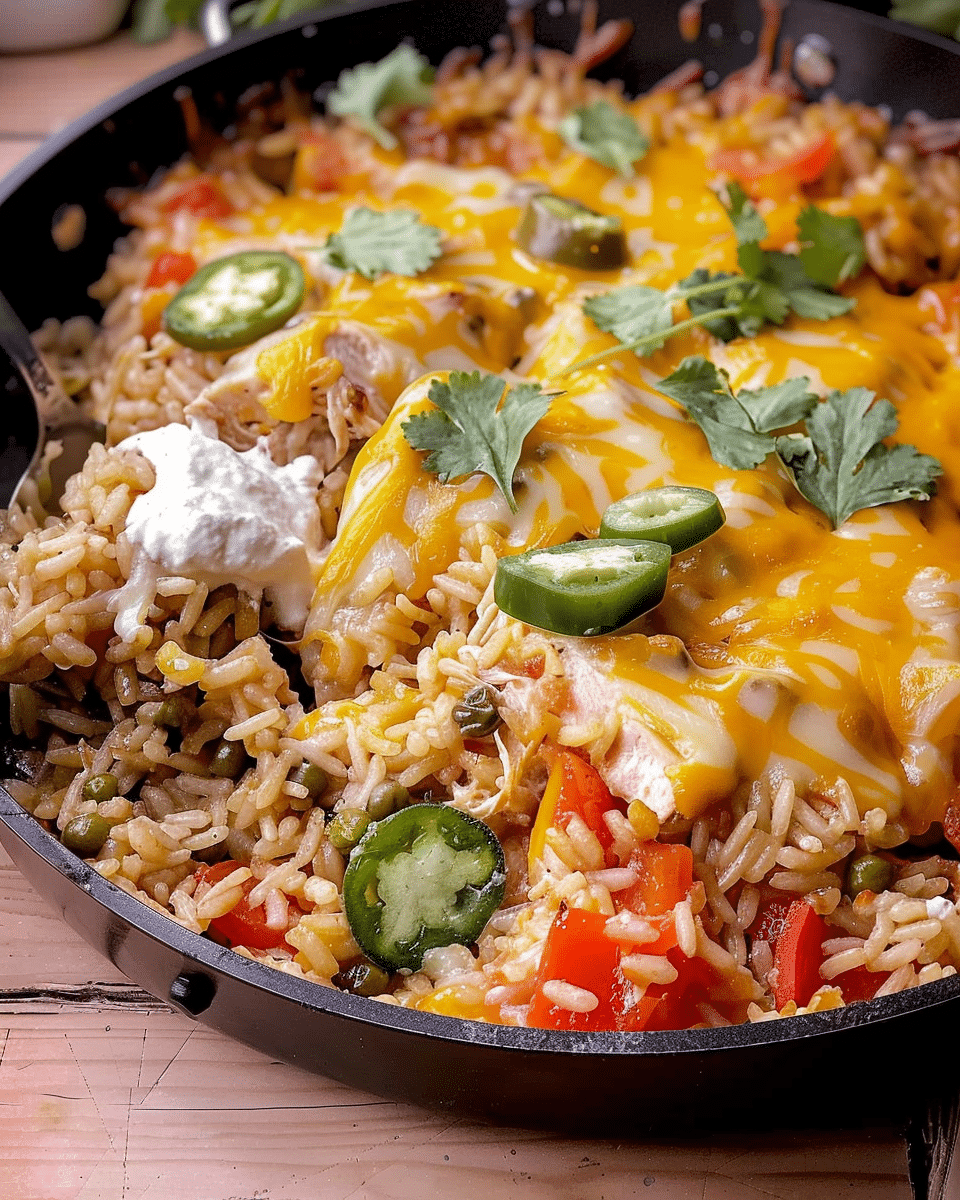 One Skillet Cheesy Cuban Chicken Rice Bake