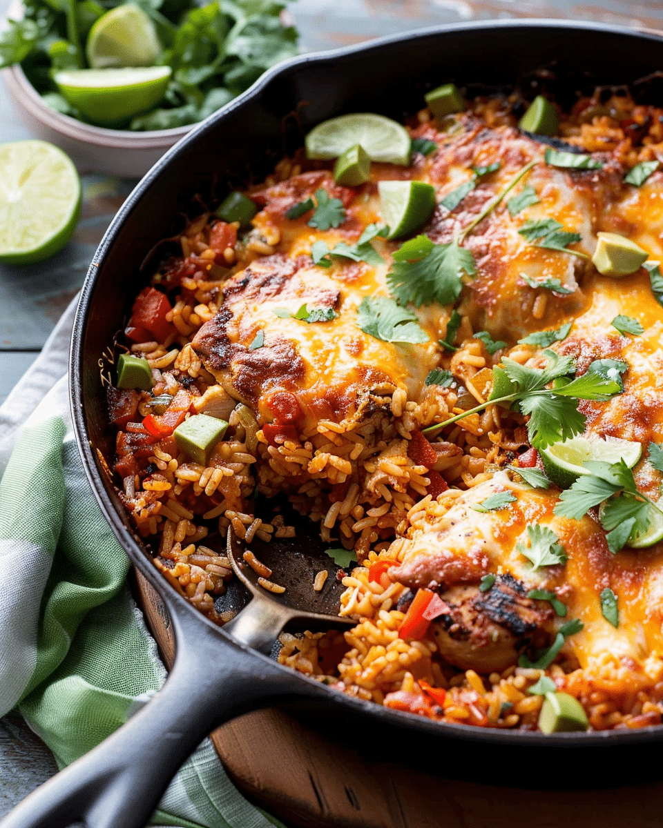 One Skillet Cheesy Cuban Chicken Rice Bake