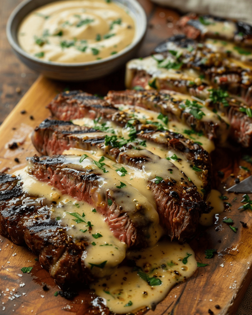 Blackened Garlic Butter Steak with Melted Cheese Sauce