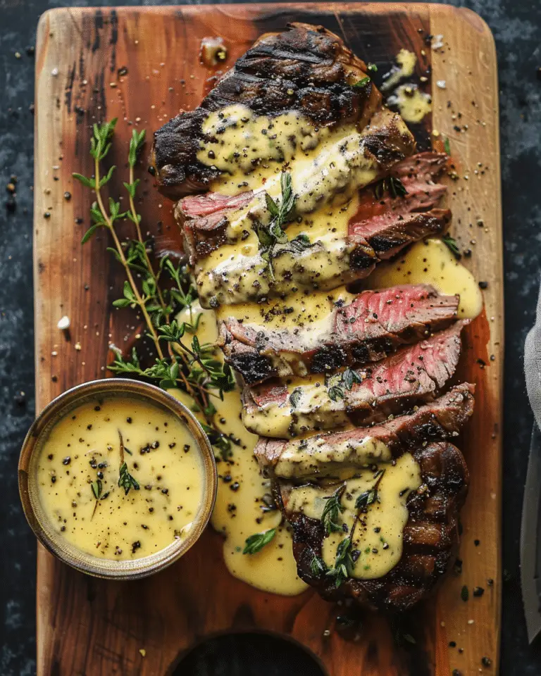 Blackened Garlic Butter Steak with Melted Cheese Sauce